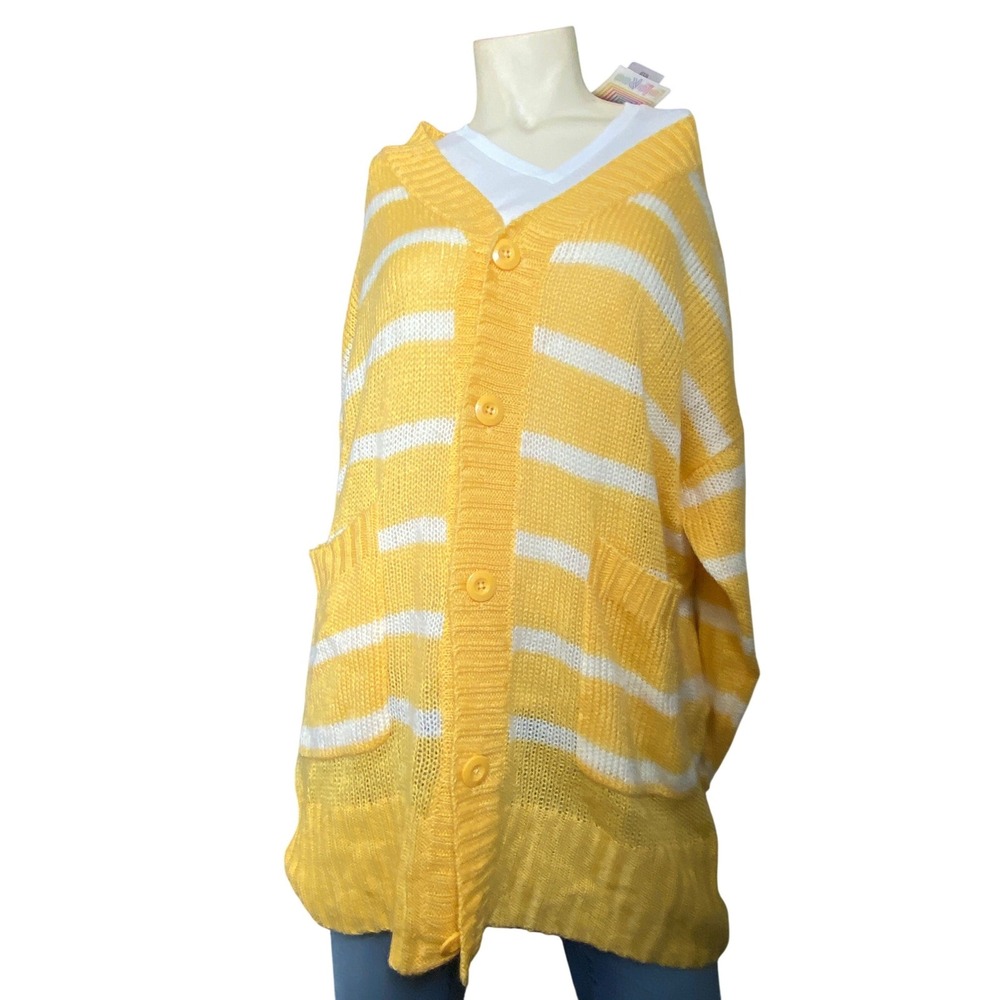 LuLaRoe Yellow White Striped Longline‎ Knit Cardigan Sweater Womens Medium NWT